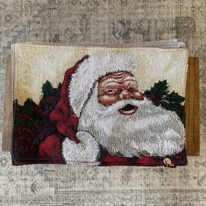 Santa Clause Tapestry Placemats Poinsettia Red Green Cream White Set Of 12